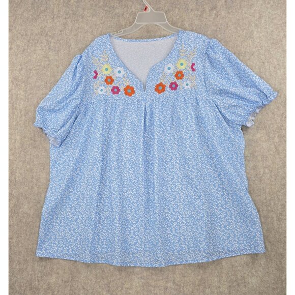 Blue Plus-Size Womens Floral Embroidered Tunic Top 5XL Polyester Blend - Picture 1 of 6